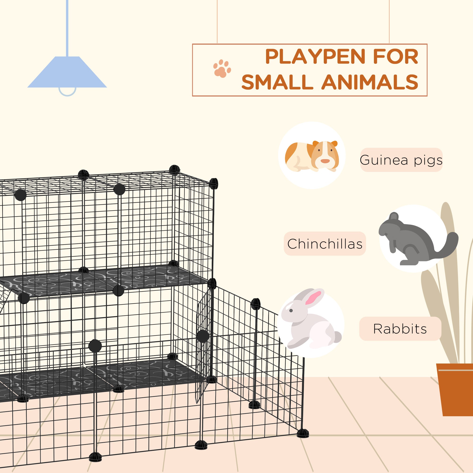 PawHut Pet Playpen w/ Door Customisable Fence for Guinea Pigs Chinchillas Hedgehogs - Black