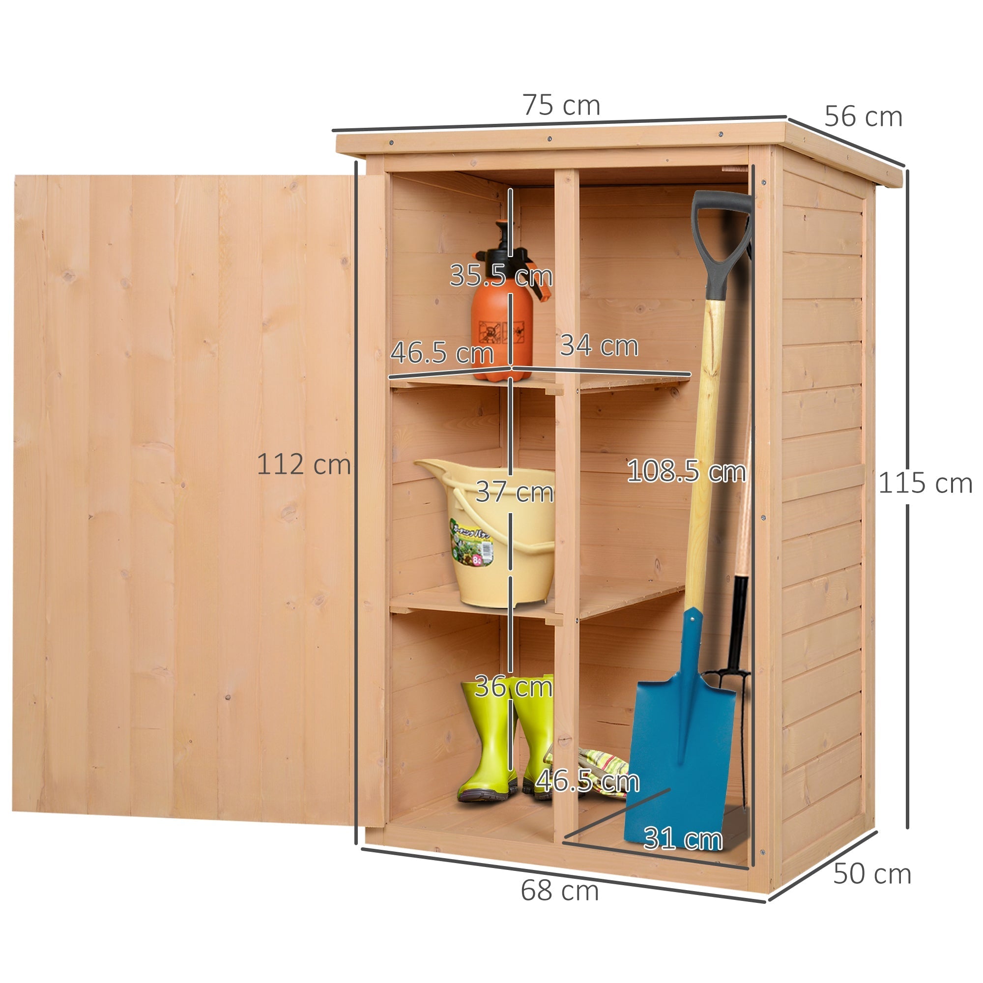 Outsunny Wooden Small Shed, Garden Storage Shed with Shelves and Bolt Latch, 75L x 56W x115H cm, Natural
