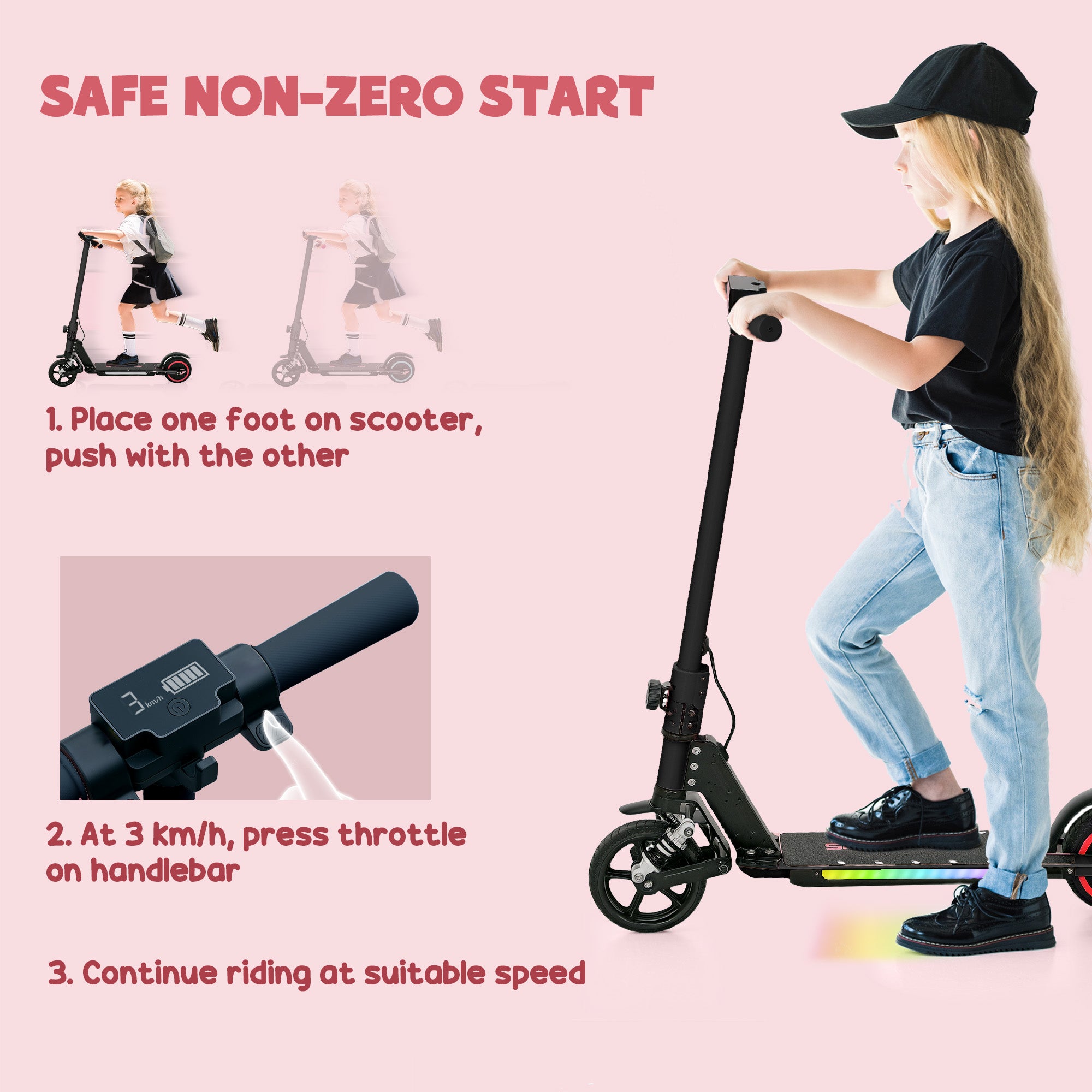 SPORTNOW Folding Electric Scooter for Kids, with Dual Brakes, Front Suspension, LED Colourful Lights, Black