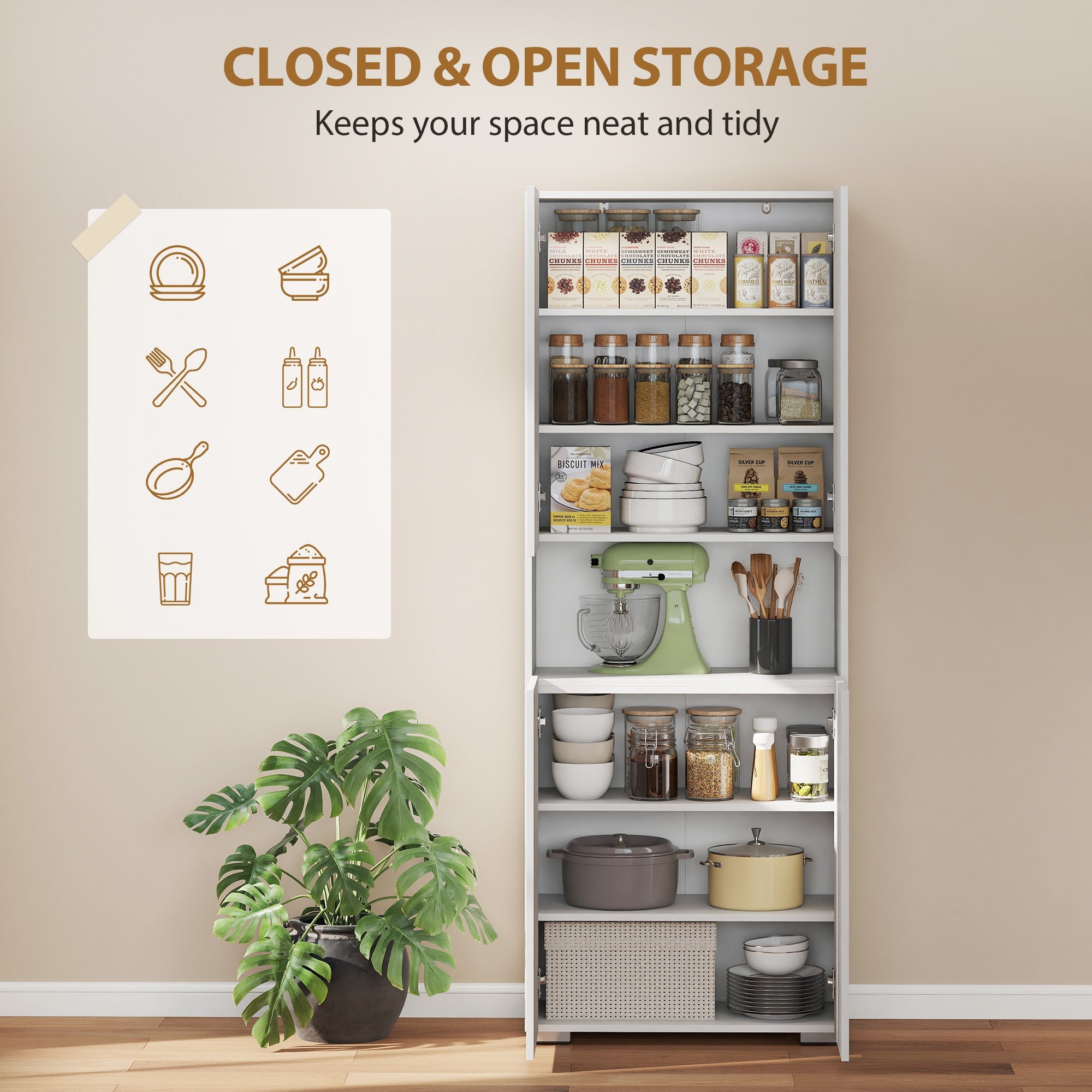 HOMCOM 180 cm Tall Kitchen Cupboard, Pantry Storage Cabinet with Soft Close Doors and Adjustable Shelves, High Gloss White