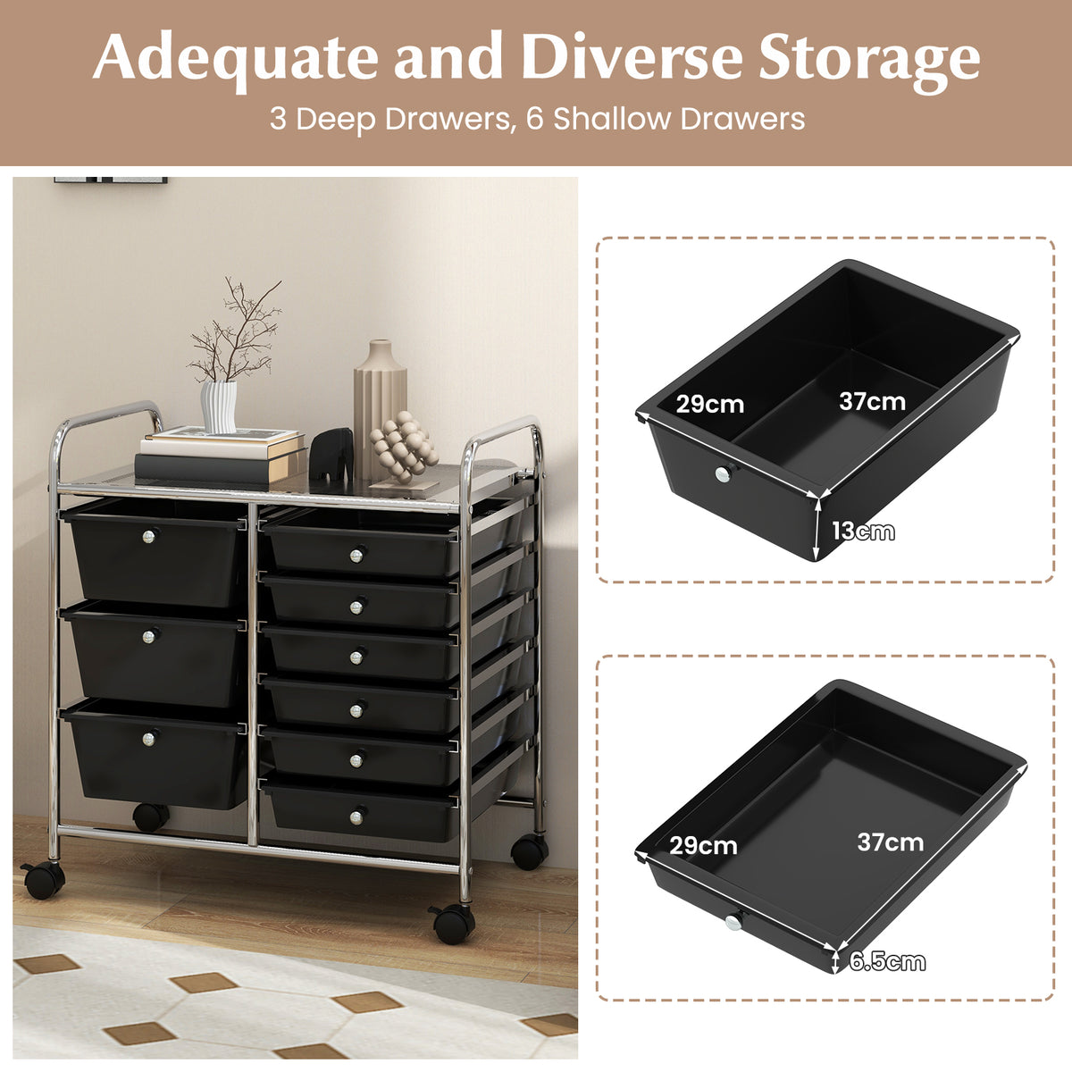 9-Drawer Rolling Storage Cart Tools Scrapbook Paper Organizer-Black