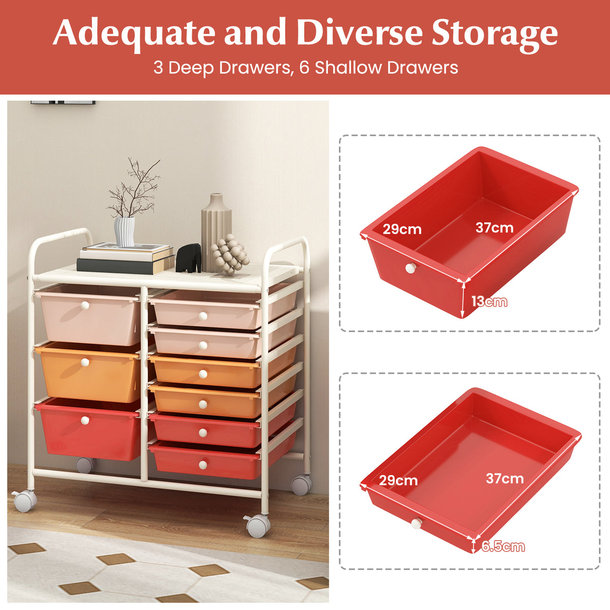 9-Drawer Rolling Storage Cart Tools Scrapbook Paper Organizer-Red