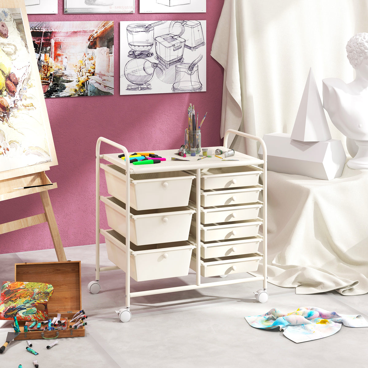 9-Drawer Rolling Storage Cart Tools Scrapbook Paper Organizer-White
