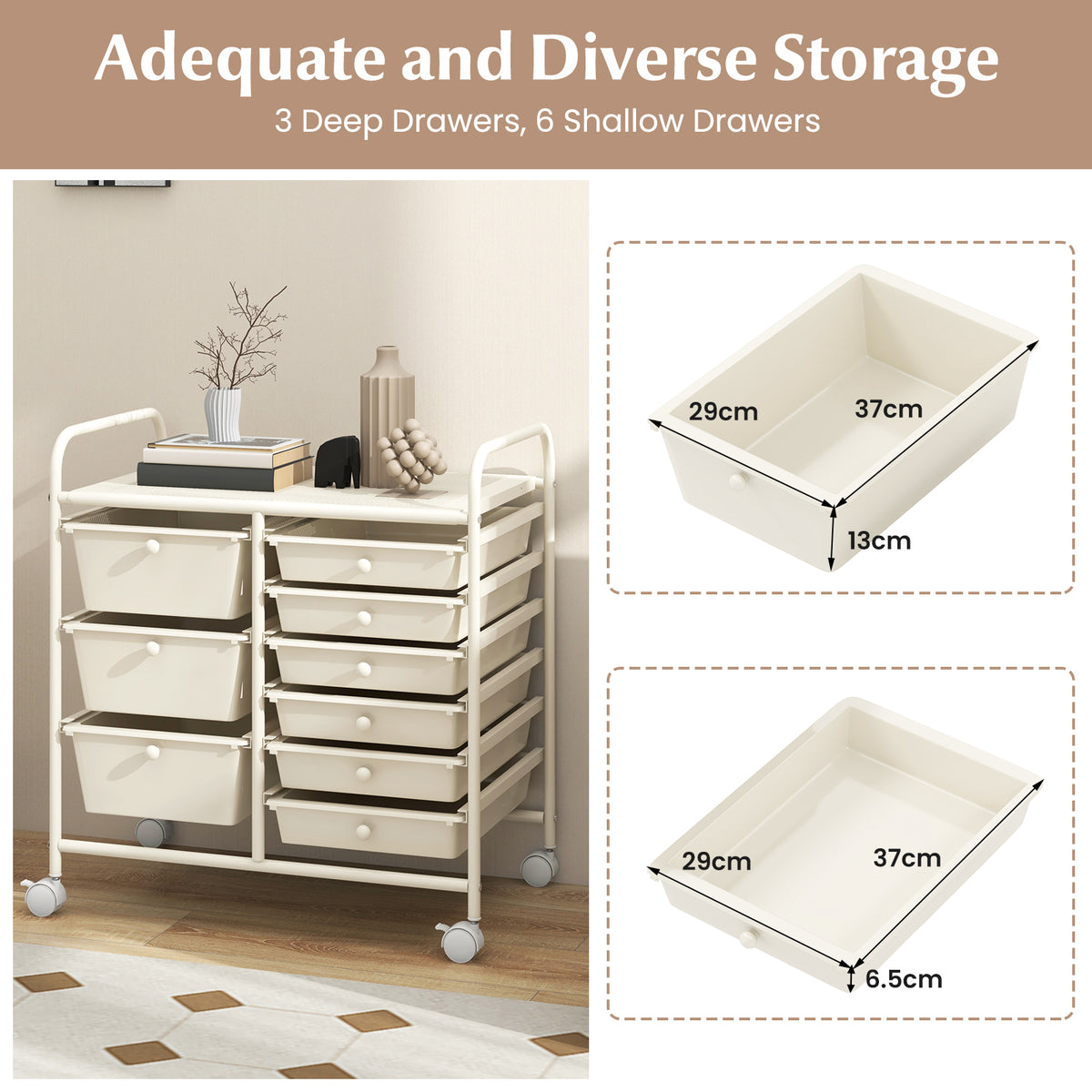 9-Drawer Rolling Storage Cart Tools Scrapbook Paper Organizer-White