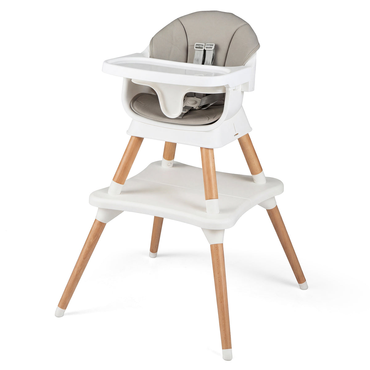 The grey convertible high chair with solid wood legs shown from the side