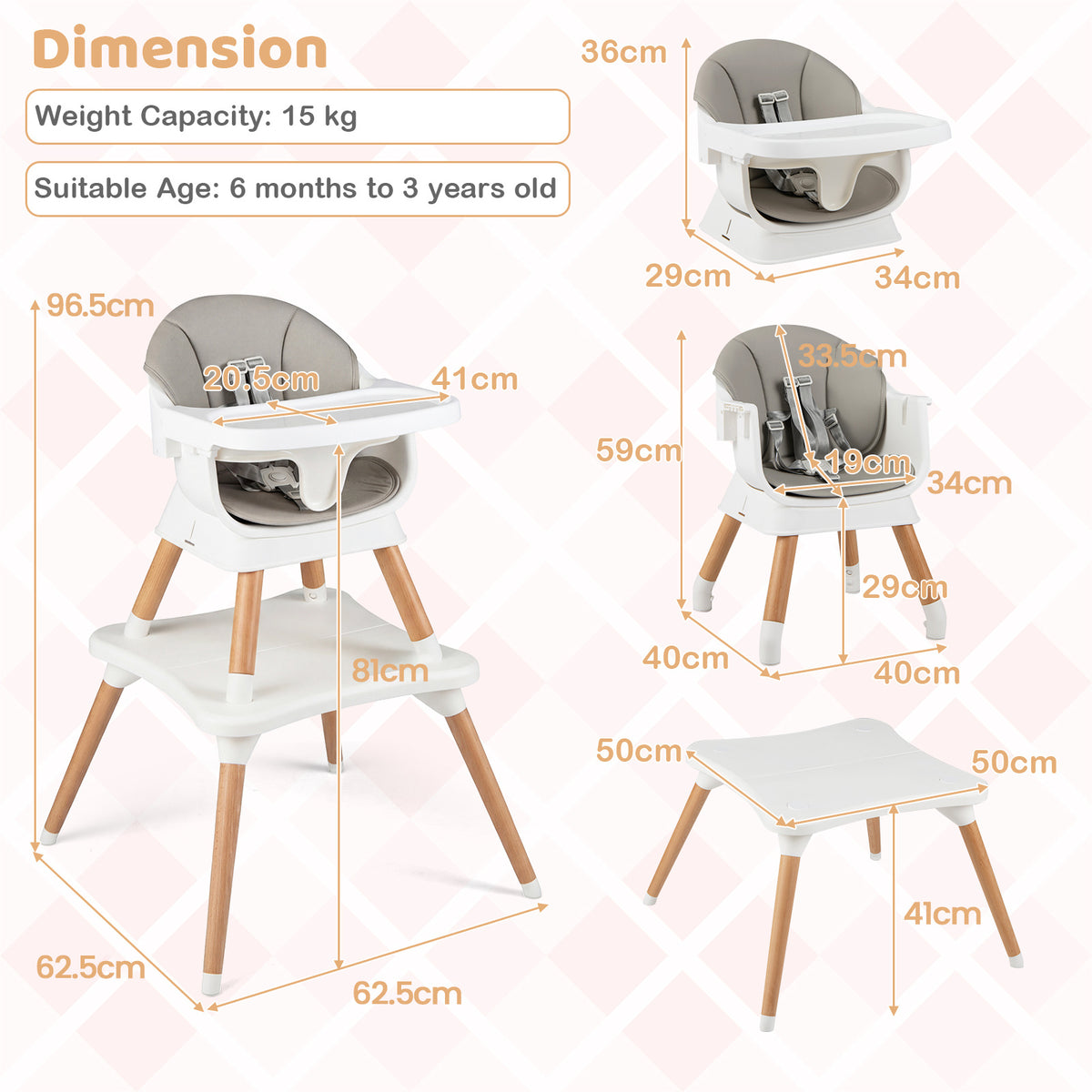 Dimensions diagram for the convertible high chair and table set