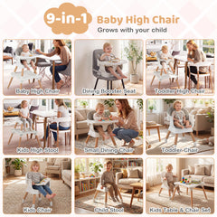Collage showing the nine different ways the baby high chair can be used