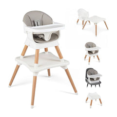 9-in-1 Convertible High Chair with solid wood legs and harness for babies in grey