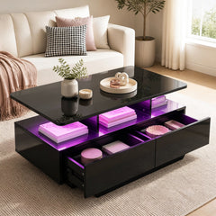 90 CM High LED Coffee Table with 2 Storage Drawers and 20-Color LED Lights-Black