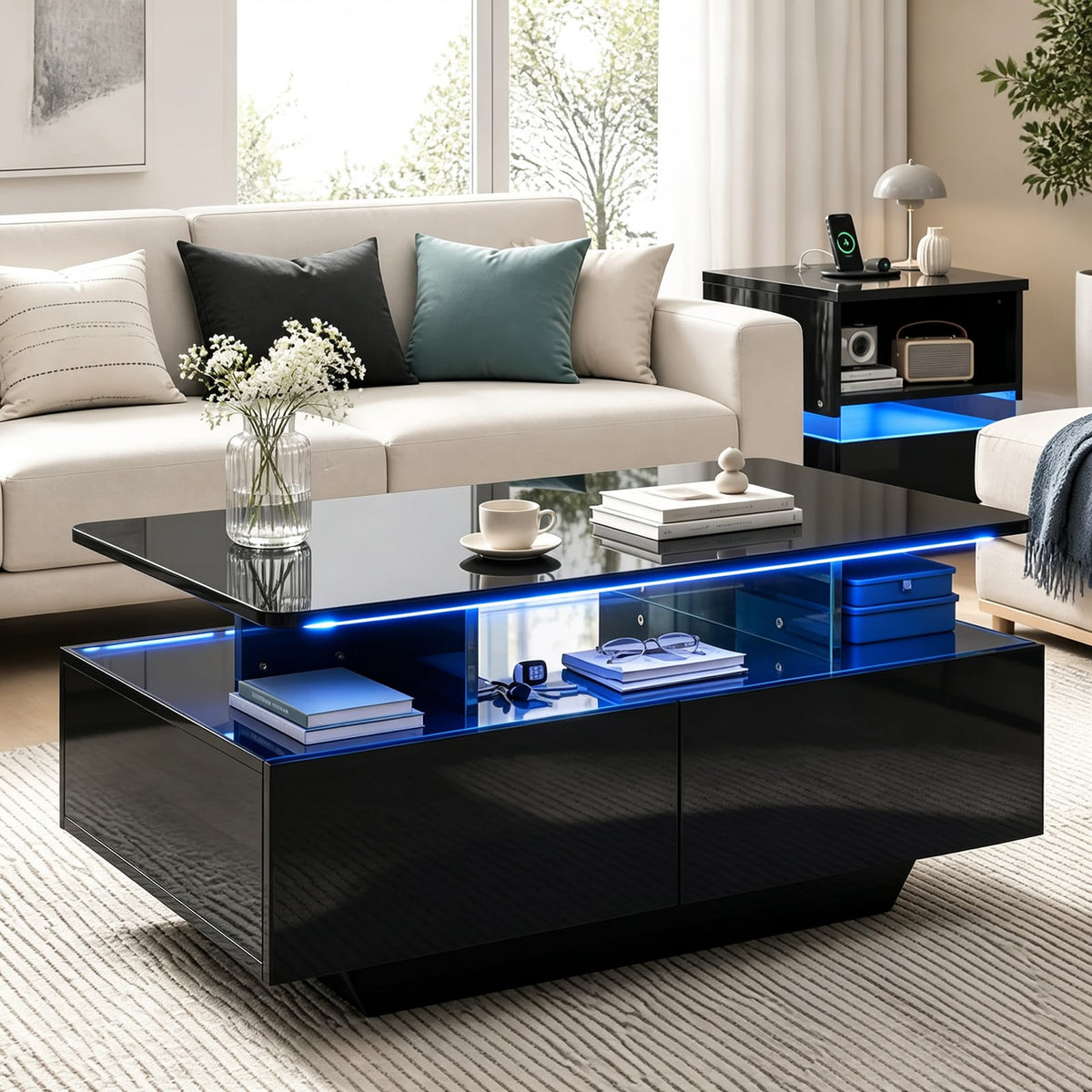 90 CM High LED Coffee Table with 2 Storage Drawers and 20-Color LED Lights-Black