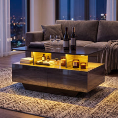 90 CM High LED Coffee Table with 2 Storage Drawers and 20-Color LED Lights-Grey