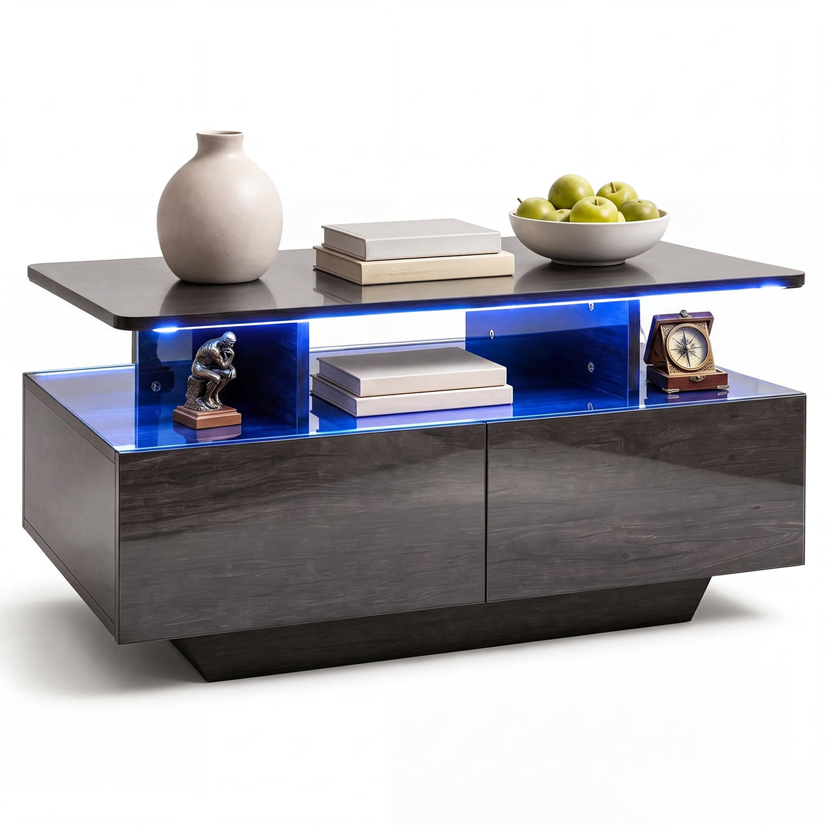 90 CM High LED Coffee Table with 2 Storage Drawers and 20-Color LED Lights-Grey