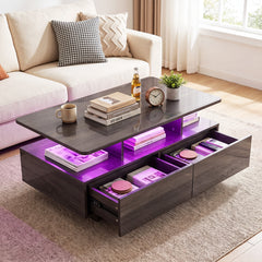 90 CM High LED Coffee Table with 2 Storage Drawers and 20-Color LED Lights-Grey