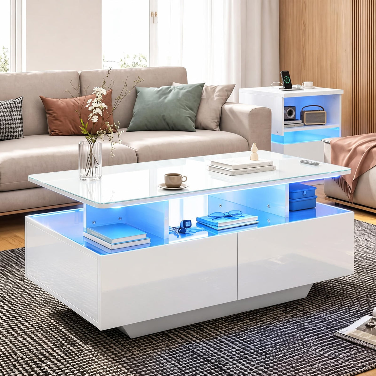 90 CM High LED Coffee Table with 2 Storage Drawers and 20-Color LED Lights-White