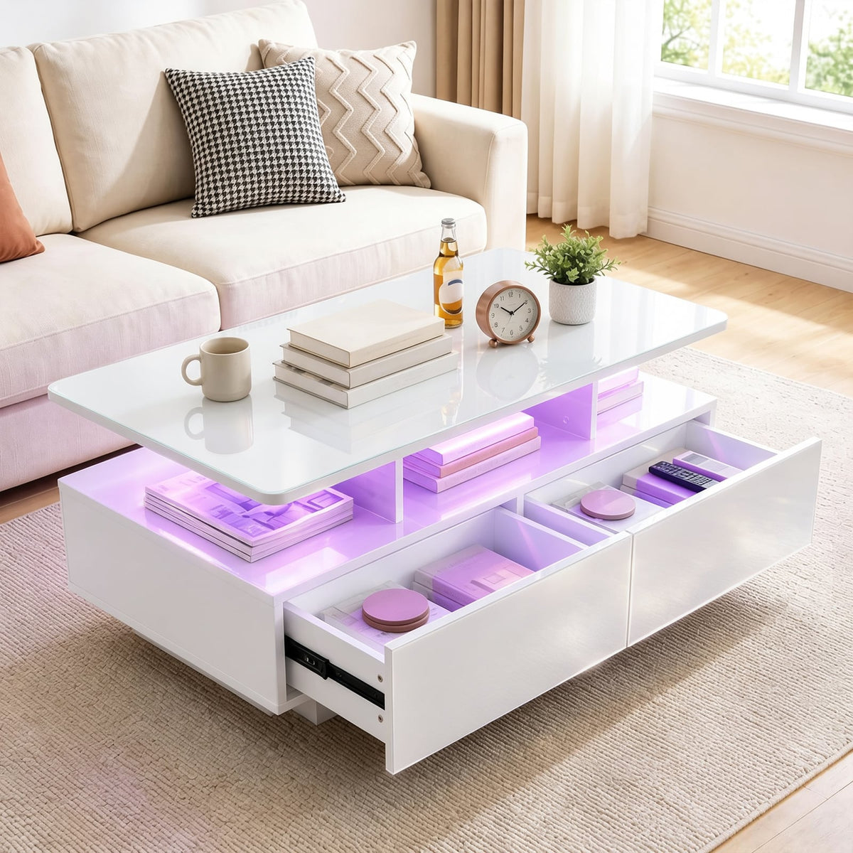 90 CM High LED Coffee Table with 2 Storage Drawers and 20-Color LED Lights-White