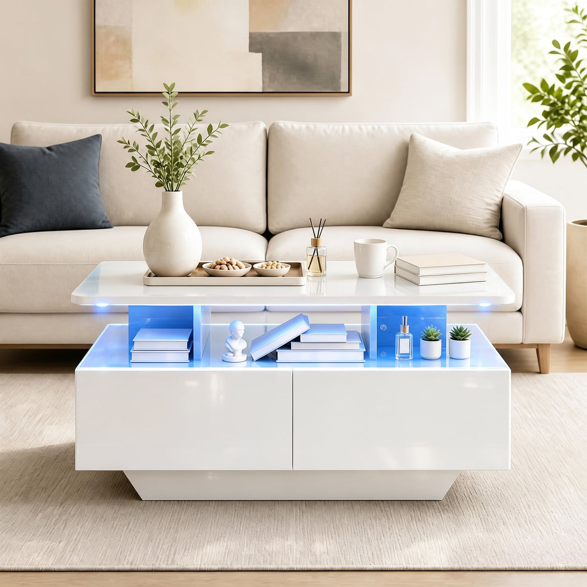 90 CM High LED Coffee Table with 2 Storage Drawers and 20-Color LED Lights-White