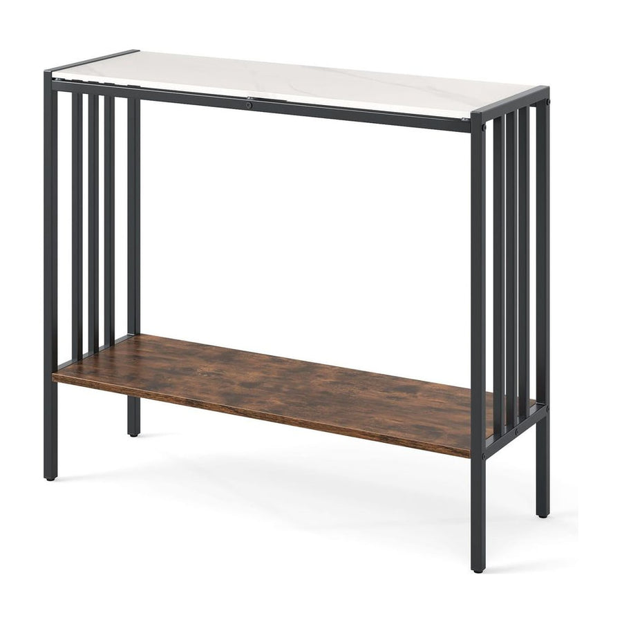 90 CM 2-Tier Industrial Console Foyer Table with a white sintered stone top and wooden shelf