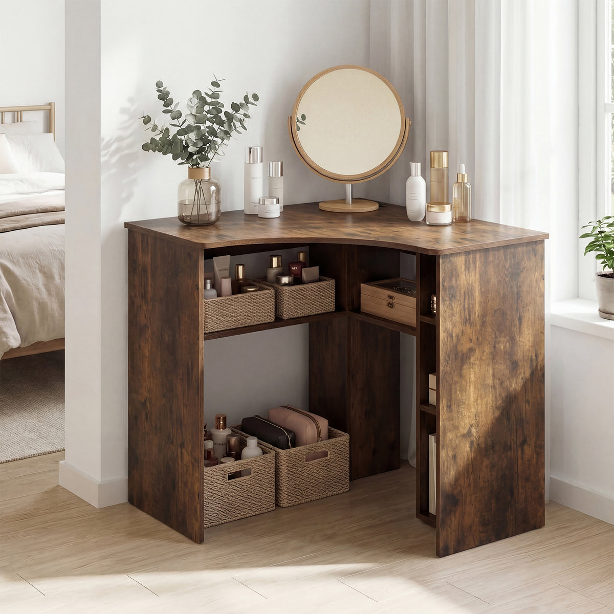 90-degree Triangle Computer Desk with Open Storage Shelves-Rustic Brown