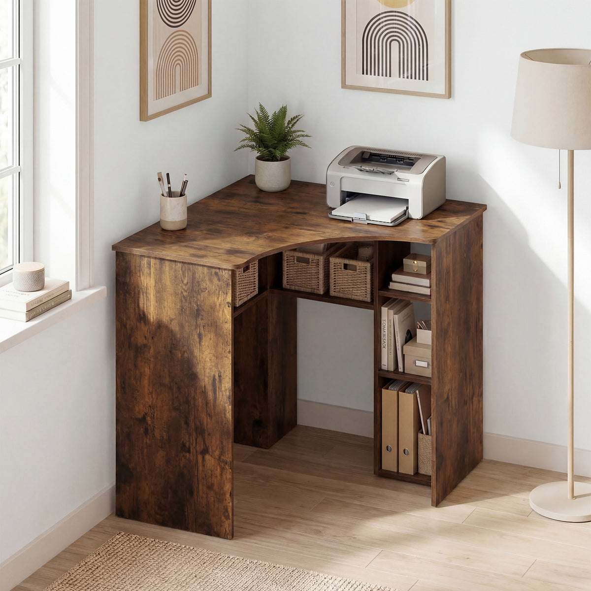 90-degree Triangle Computer Desk with Open Storage Shelves-Rustic Brown