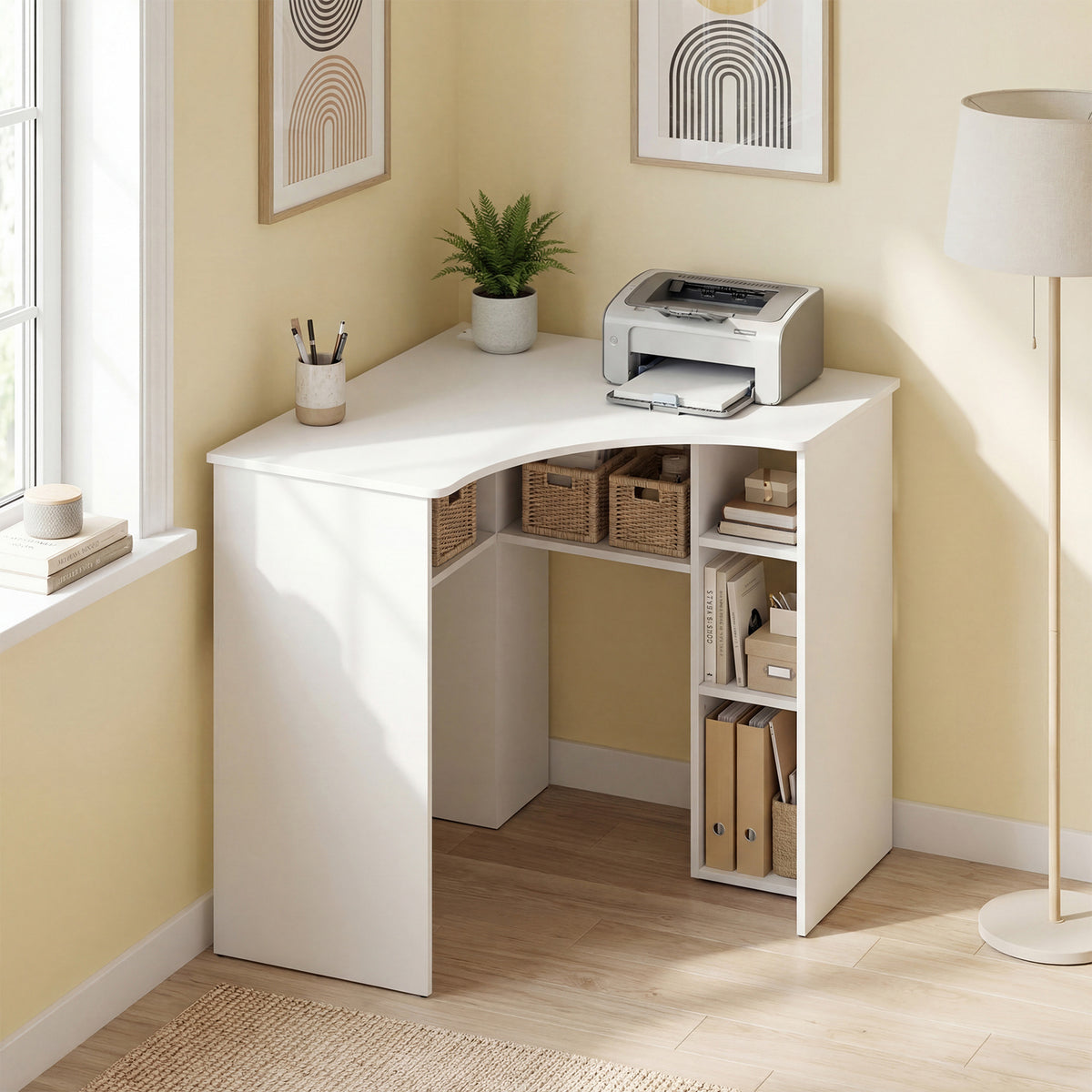 90-degree Triangle Computer Desk with Open Storage Shelves-White