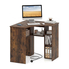 90-degree Triangle Computer Desk with Open Storage Shelves in rustic brown wood effect