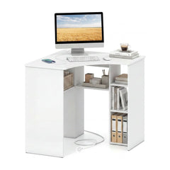 90-degree Triangle Computer Desk with Open Storage Shelves in white, shown with a computer and accessories