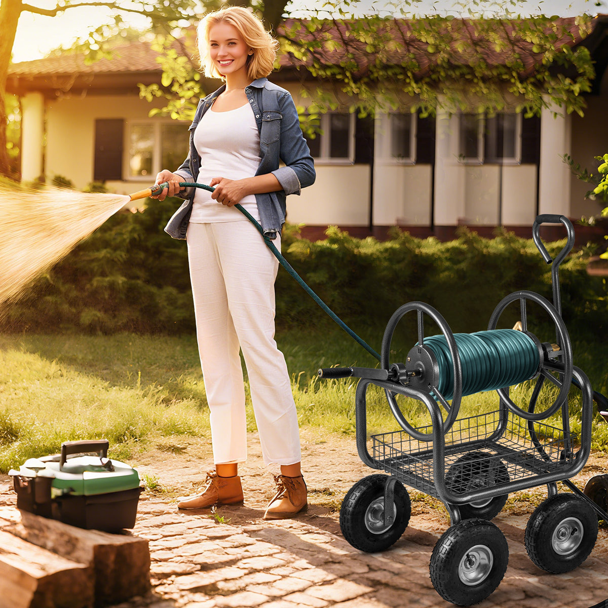 90 m of 16 mm Large Capacity Garden Hose Reel Cart-Grey