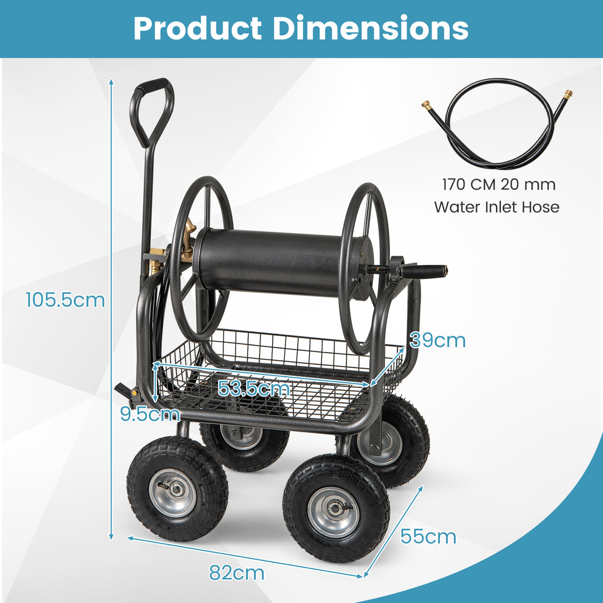 90 m of 16 mm Large Capacity Garden Hose Reel Cart-Grey