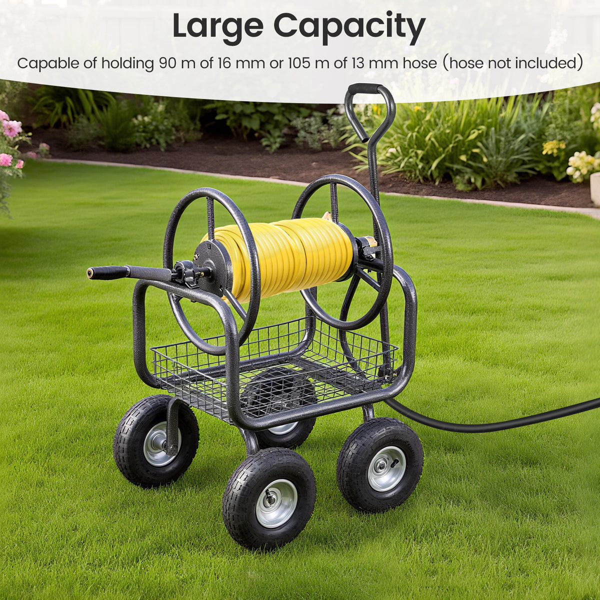 90 m of 16 mm Large Capacity Garden Hose Reel Cart-Grey