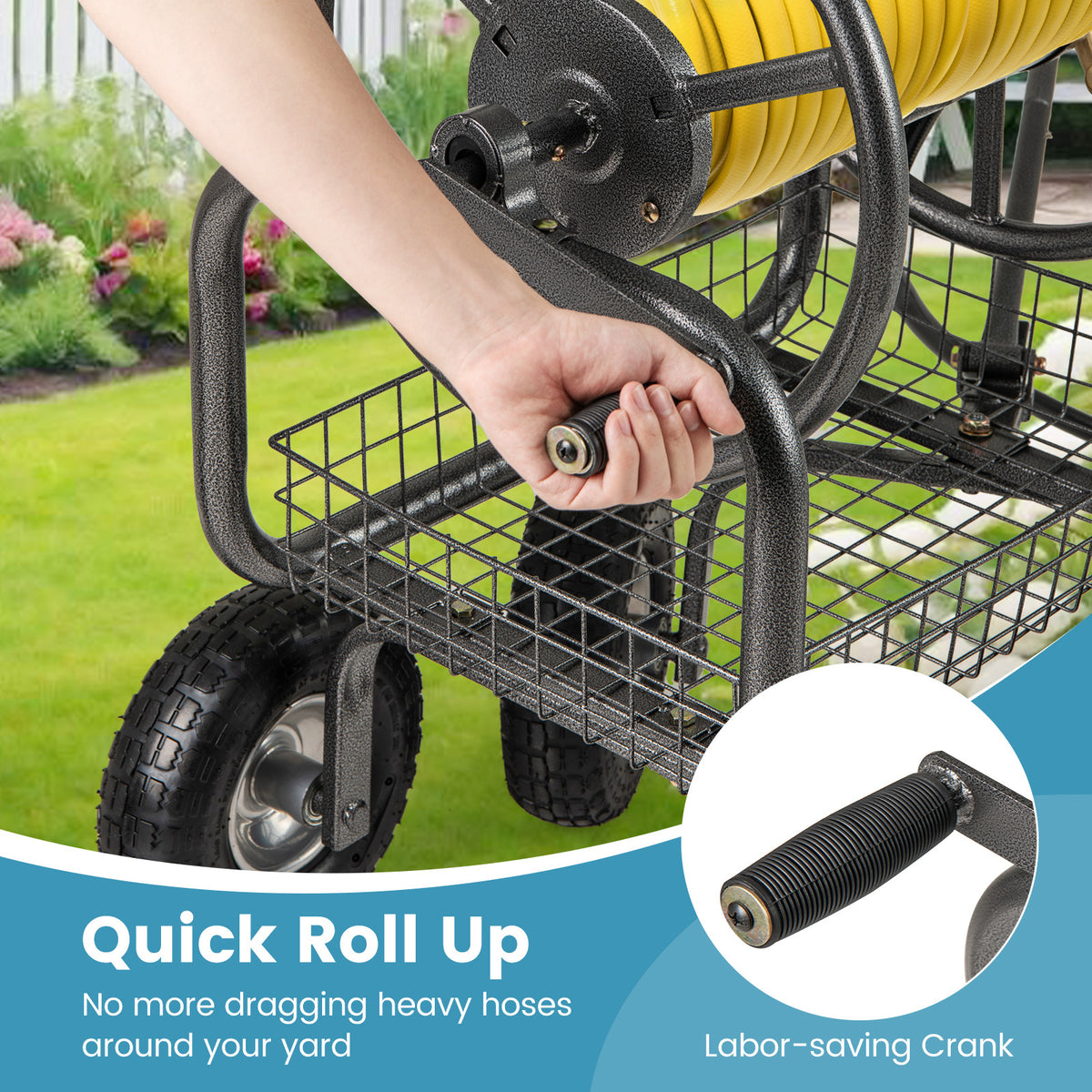 90 m of 16 mm Large Capacity Garden Hose Reel Cart-Grey