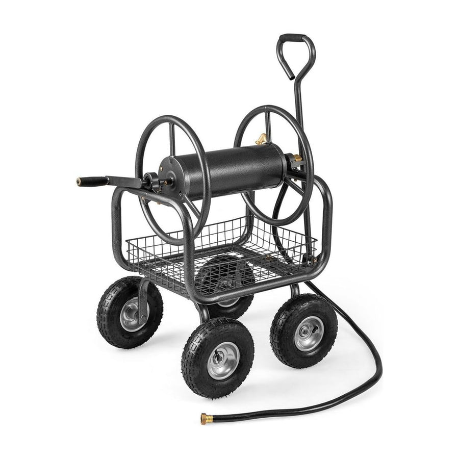 90 m of 16 mm Large Capacity Garden Hose Reel Cart-Grey, a grey wheeled cart holding a coiled hose and a basket underneath