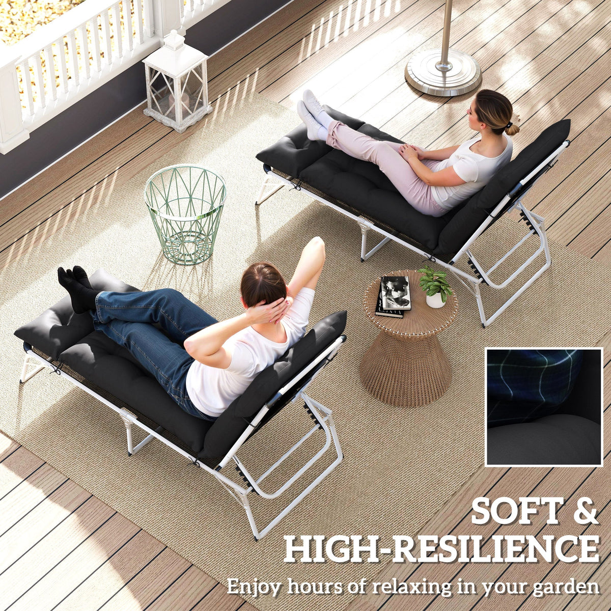 Outsunny Set of Two 190 x 56cm Sun Lounger Cushions - Black