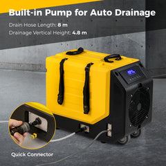 90L/Day Commercial Dehumidifier with Pump and 2 Wheels-Yellow