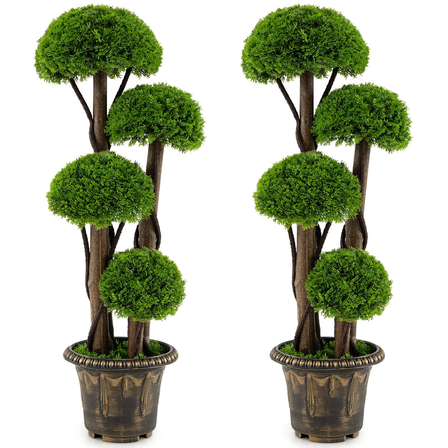 90cm Artificial Cypress Topiary Ball Tree Set of 2 with Retro Cement-filled Planter and Real Wood Trunks