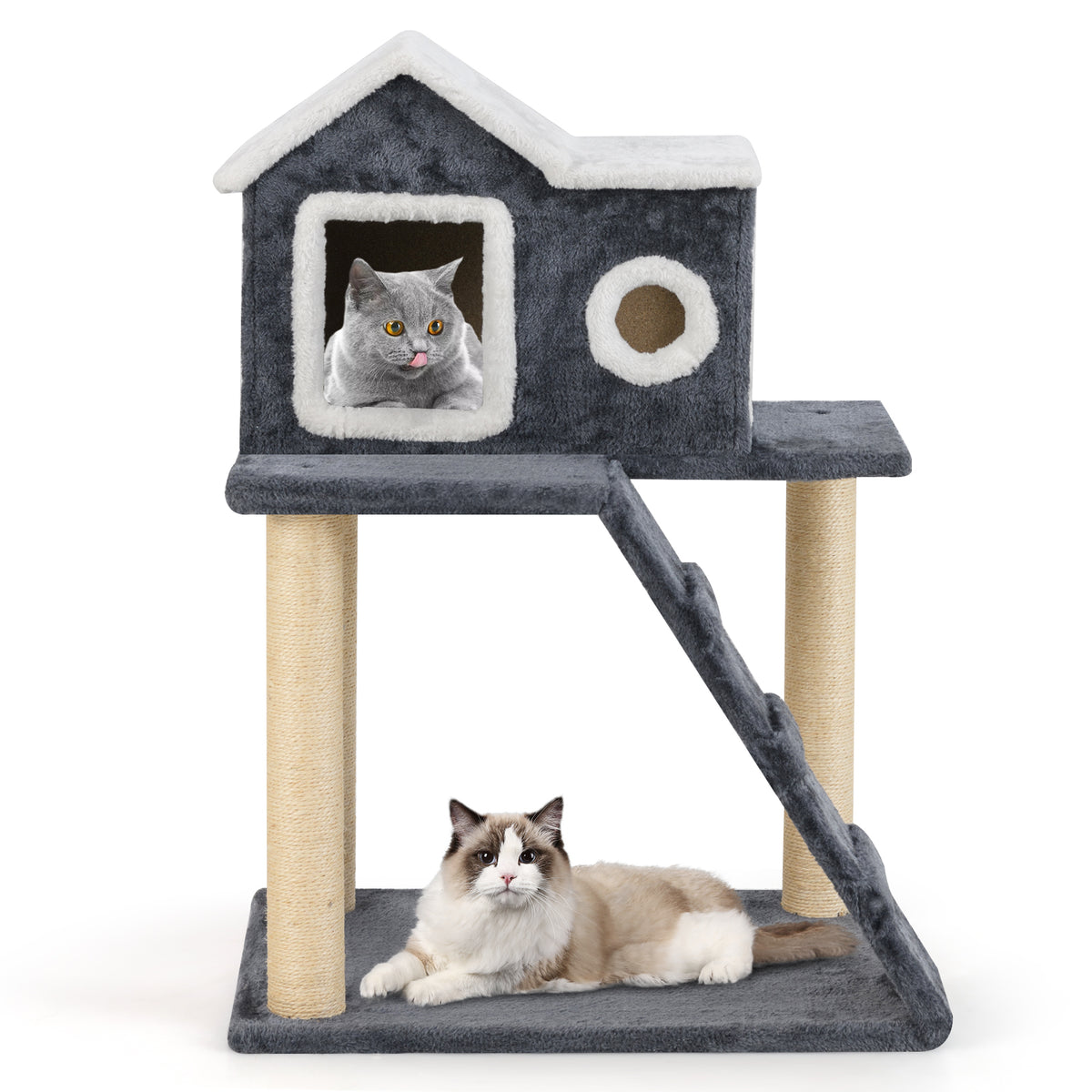 90cm Modern Cat Tree 3-level Cat Condo Furniture with Openable Roof-Gray