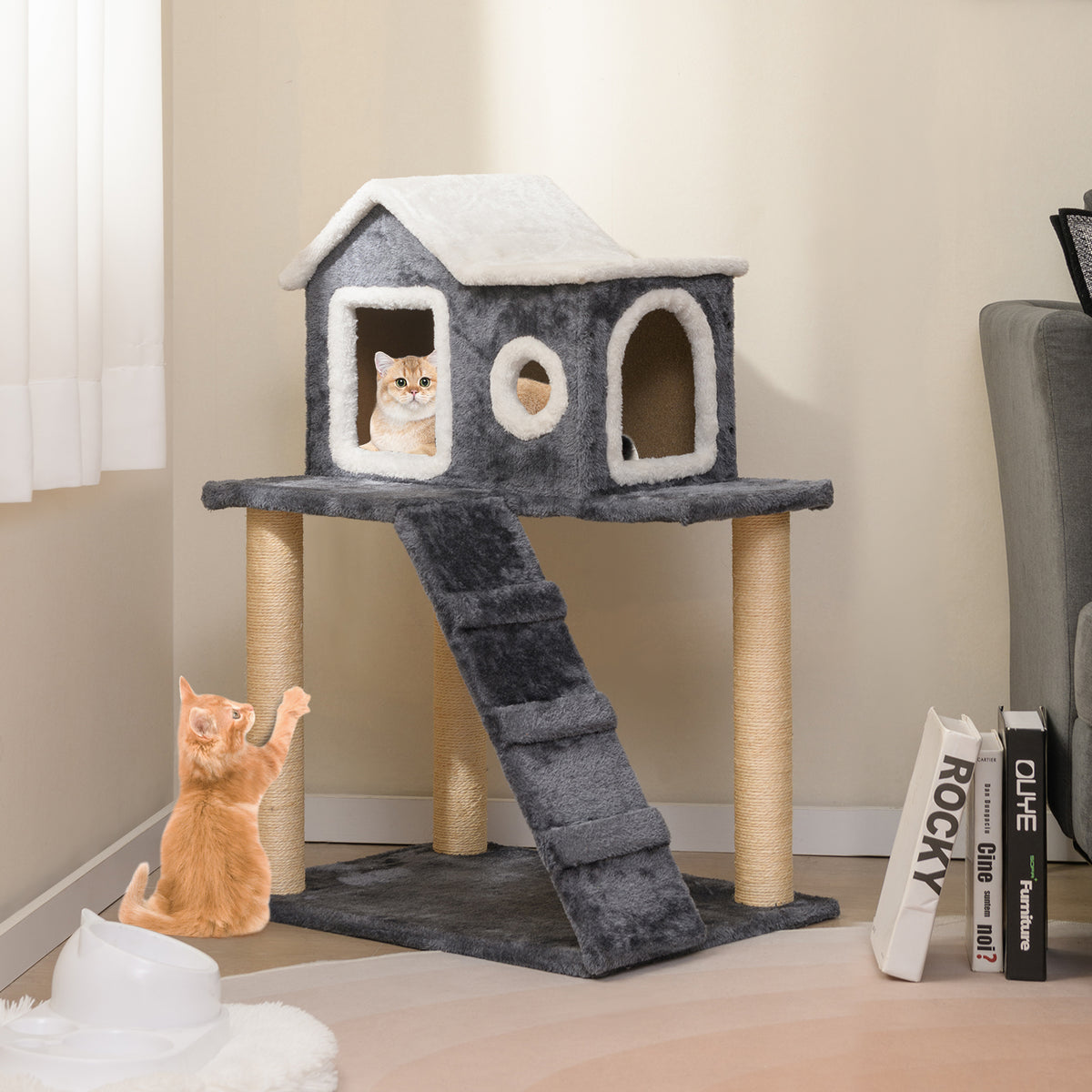 90cm Modern Cat Tree 3-level Cat Condo Furniture with Openable Roof-Gray