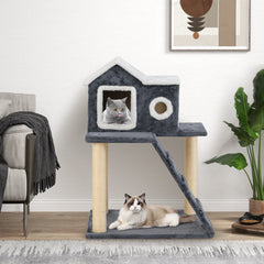 90cm Modern Cat Tree 3-level Cat Condo Furniture with Openable Roof-Gray