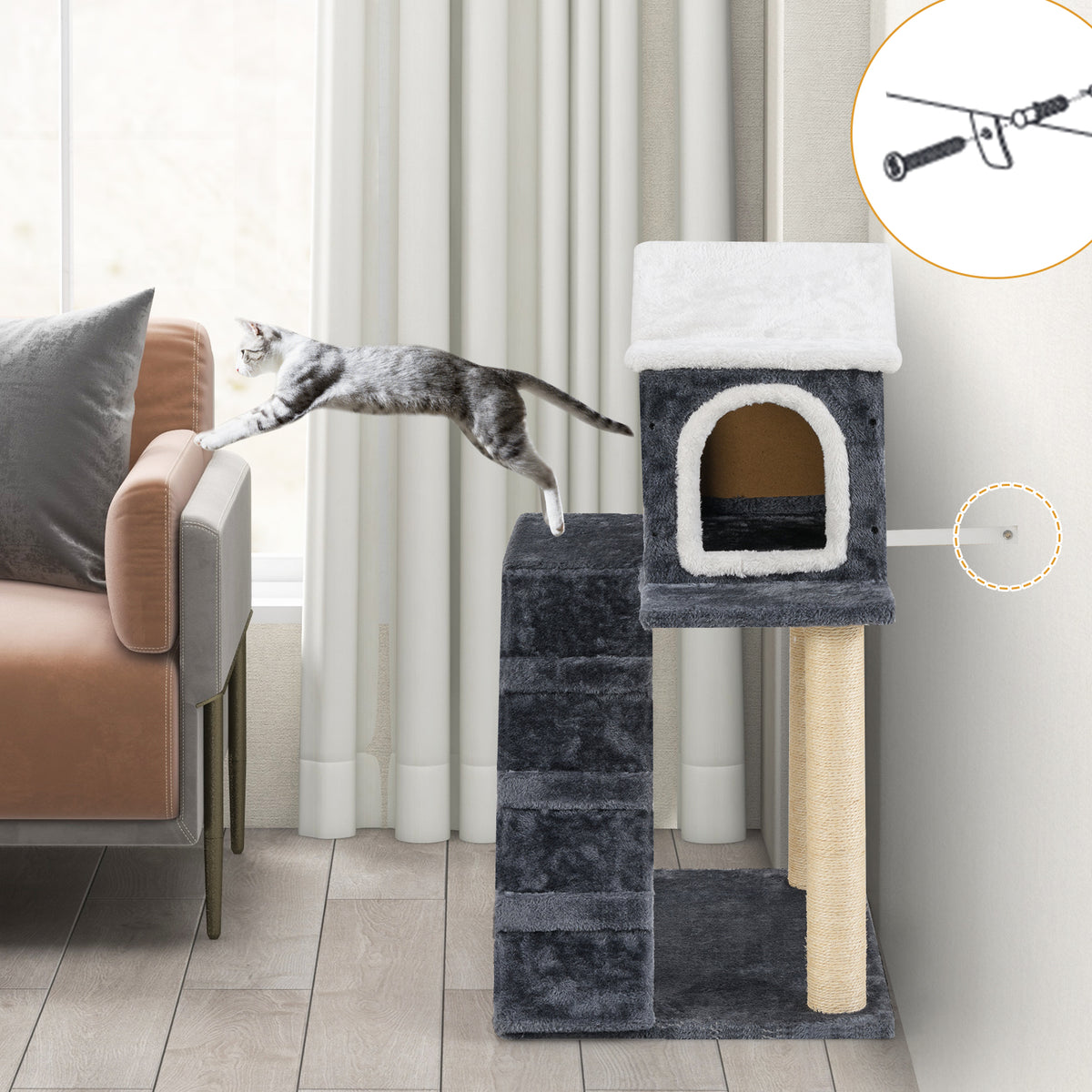 90cm Modern Cat Tree 3-level Cat Condo Furniture with Openable Roof-Gray