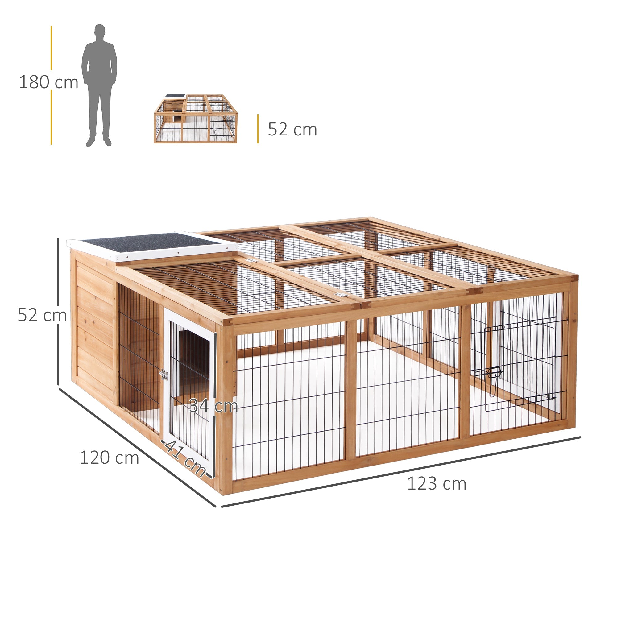 PawHut Rabbit Hutch Outdoor, Guinea Pig House, Bunny Run Cage with Openable Top for 1â€“2 Rabbits, 123 x 120 x 52cm, Yellow