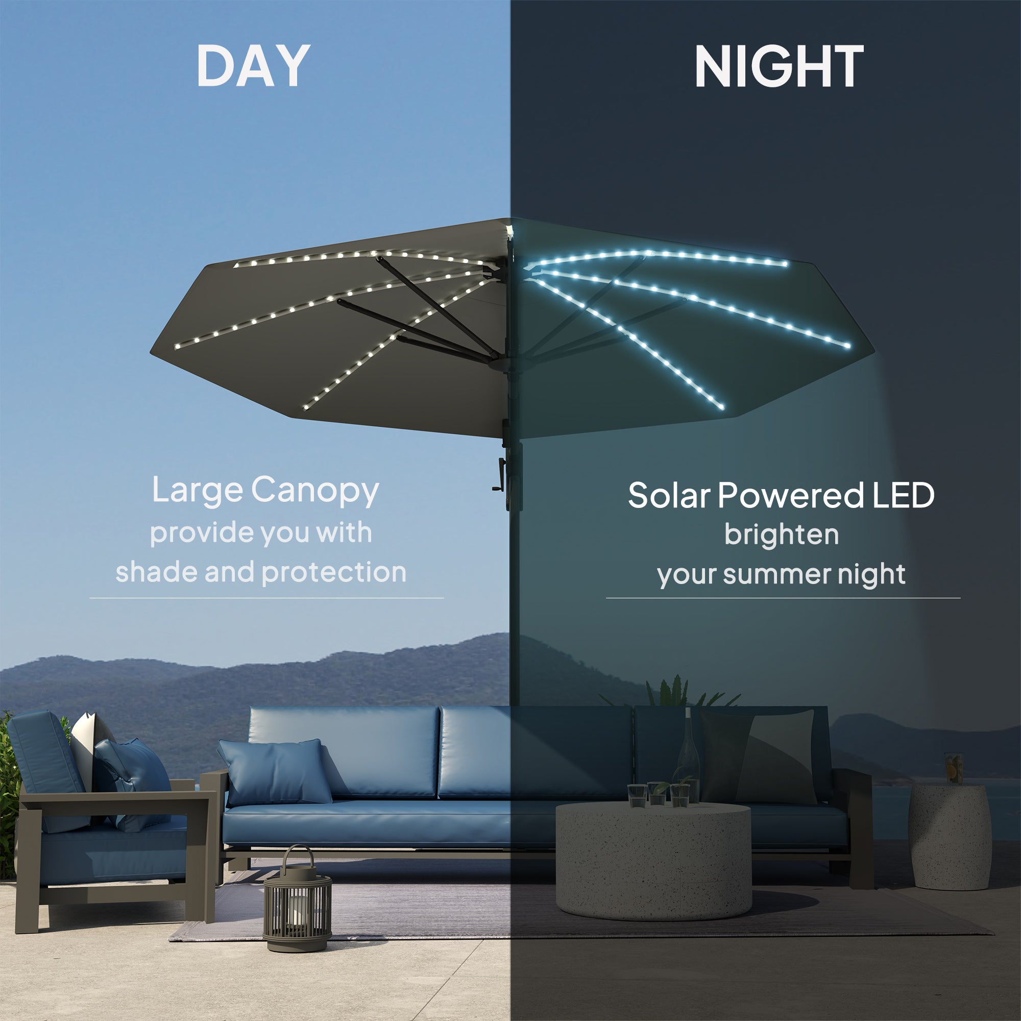 Outsunny 3(m) Cantilever Garden Parasol with Solar Powered Lights, Crank Handle & Cross Base, UPF 50+, 360√Ç¬∞ Rotation, Dark Grey