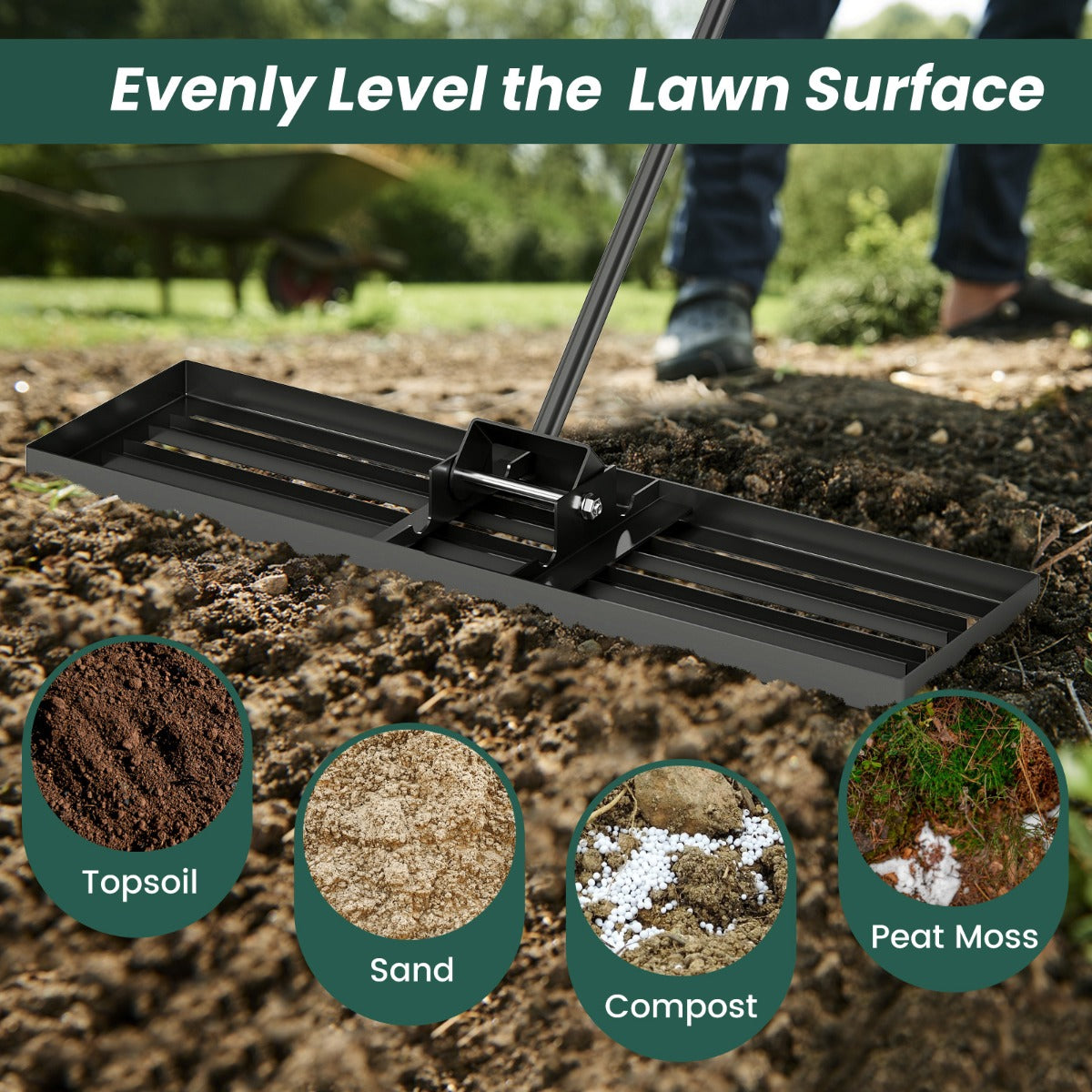 75/91/106 x 25cm Lawn Leveling Rak with Ergonomic Handle-91 x 25 cm-Black