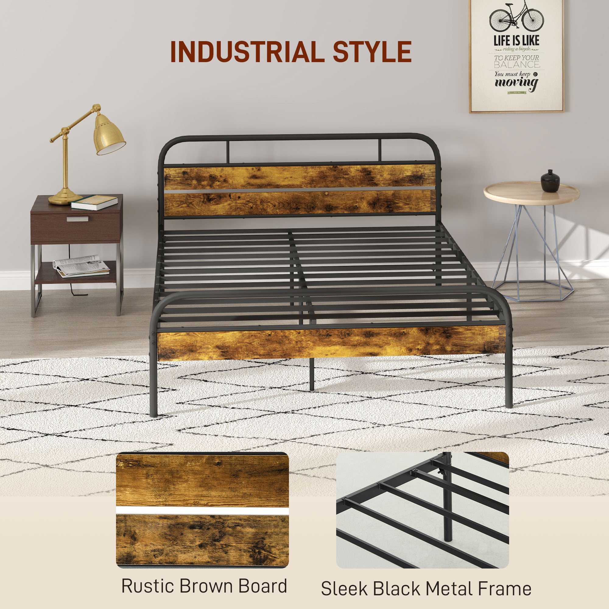 HOMCOM Industrial-Style King Bed Frame - Black/Brown