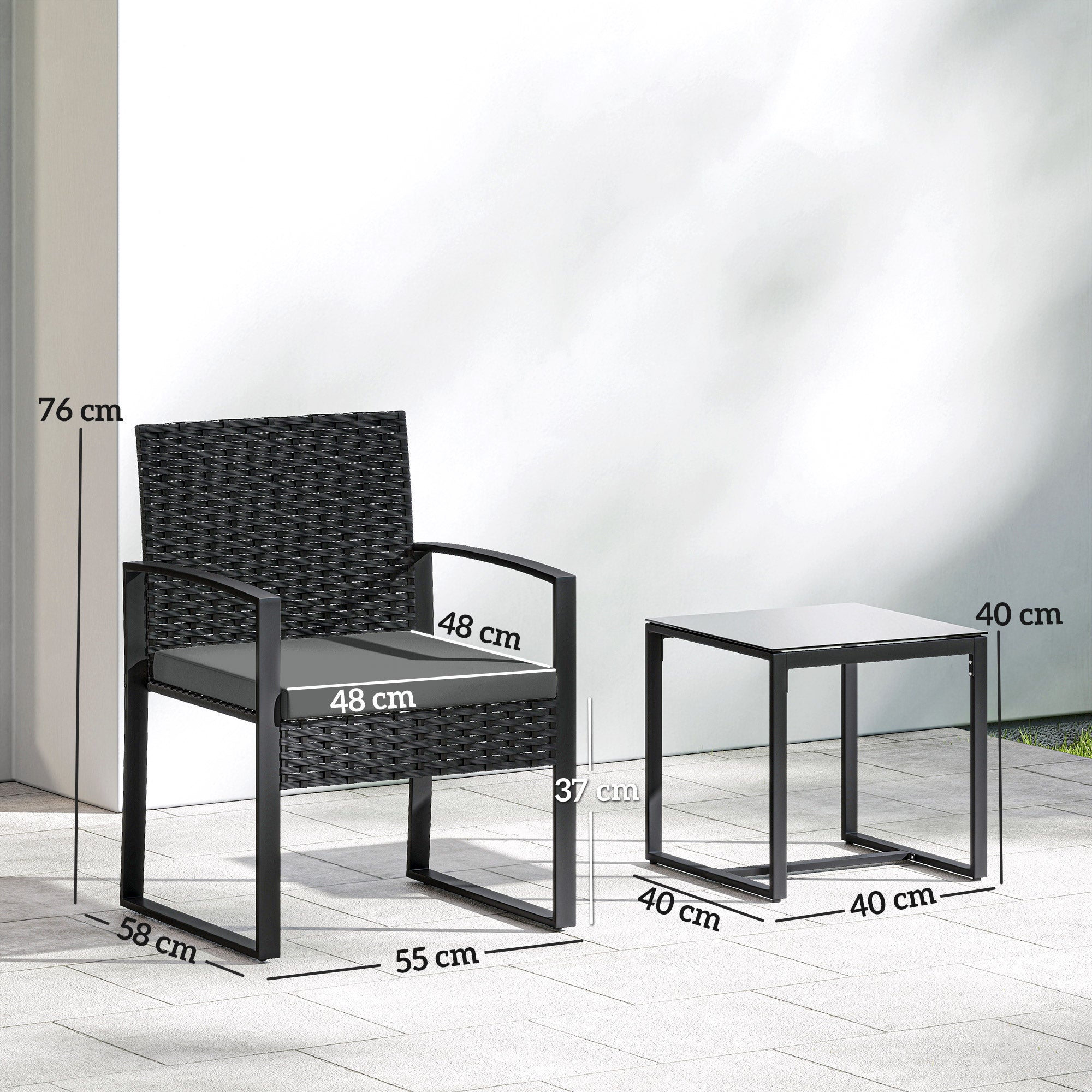 Outsunny Rattan Bistro Set, 3 Piece Garden Furniture Set with Glass Top Table and Cushions, Dark Grey