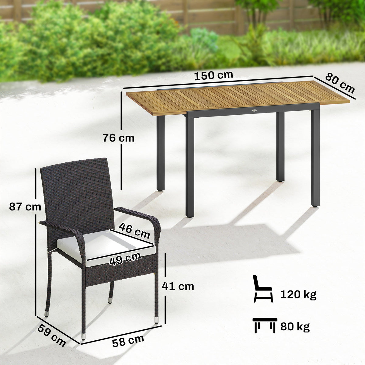Outsunny 7 Piece Rattan Garden Furniture Set, 6 Seater Garden Table and 6 Stackable Chairs with Extendable Acacia Wood Tabletop
