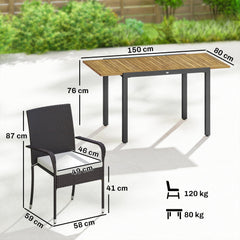 Outsunny 7 Piece Rattan Garden Furniture Set, 6 Seater Garden Table and 6 Stackable Chairs with Extendable Acacia Wood Tabletop