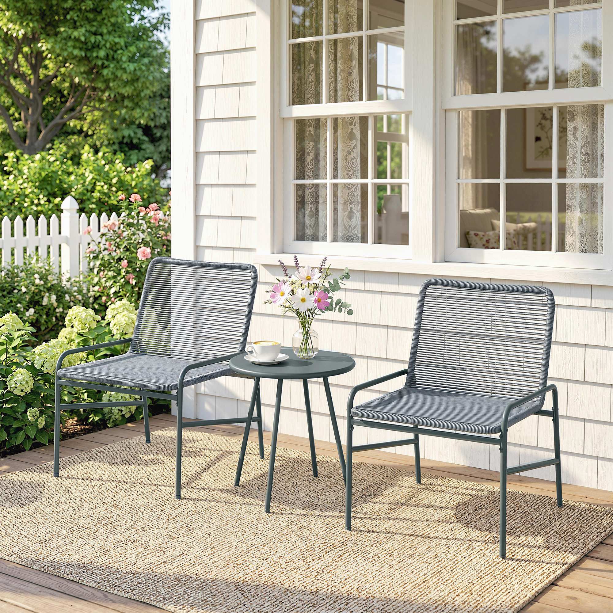 Outsunny 3 Piece Rattan Bistro Set, Outdoor Garden Furniture Set with 2 Chairs, Round Coffee Table for Patio, Balcony, Dark Grey