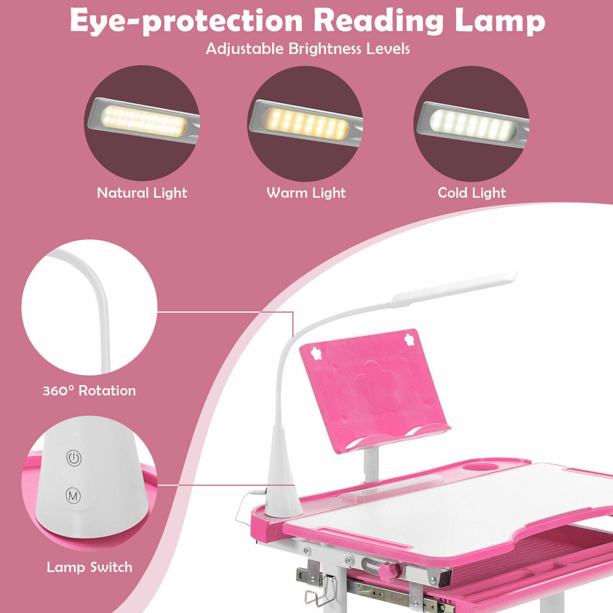 Height Adjustable Kid's Tilted Desk Set with Lamp & Drawer-Pink