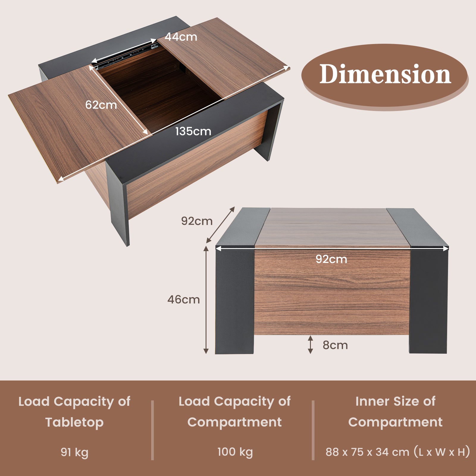 92cm Square Coffee Table with Sliding Top and Hidden Compartment-Walnut
