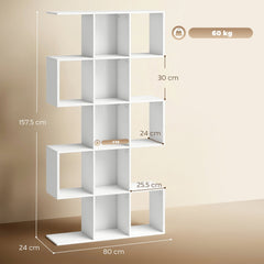 HOMCOM 5-Tier Bookshelf, S Shaped Geometric Bookcase with 15 Compartments, White Wood Effect