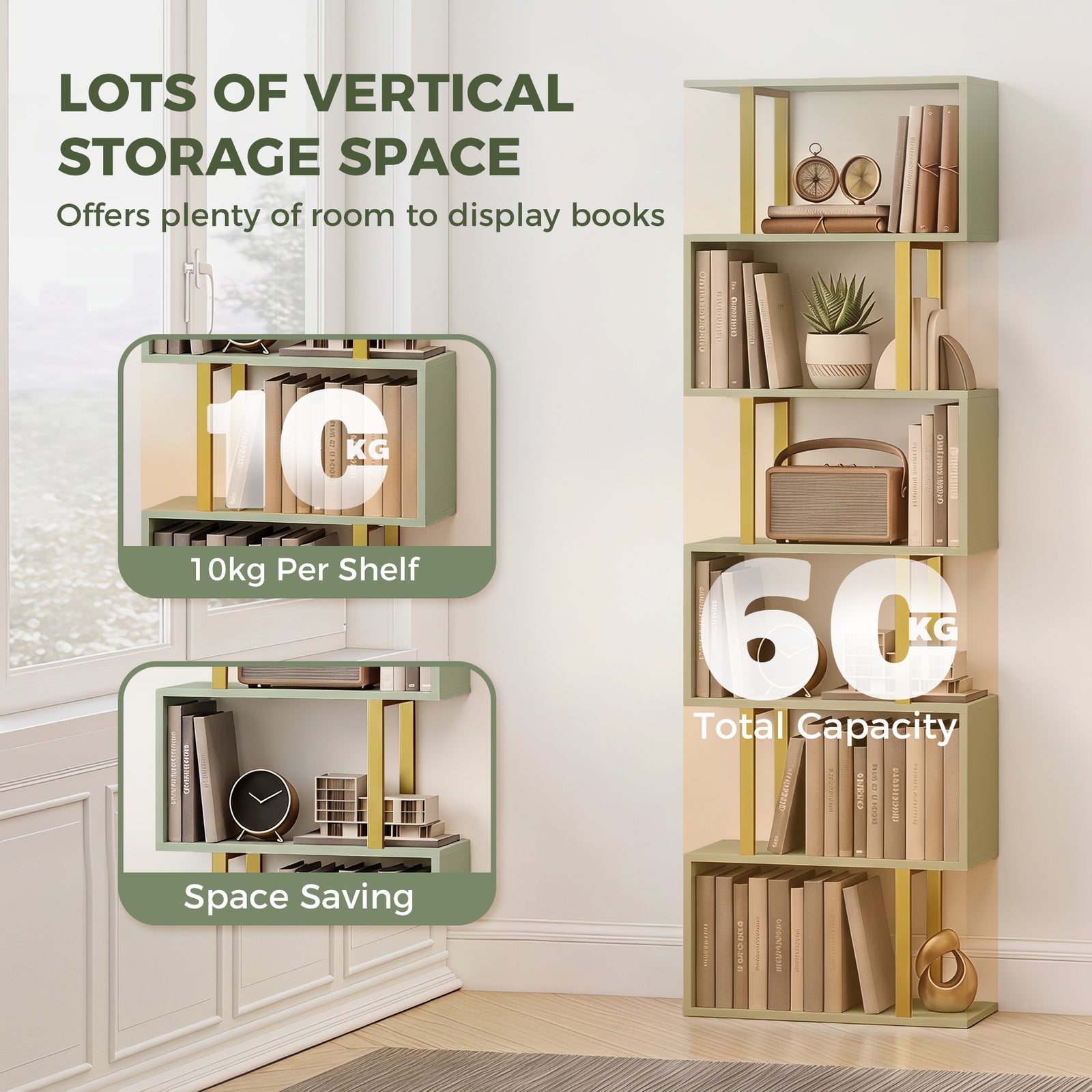HOMCOM S-Shaped Bookshelf, 5-Tier Bookcase, Freestanding Storage Shelves with Anti-Tip Strap for Living Room, Light Green